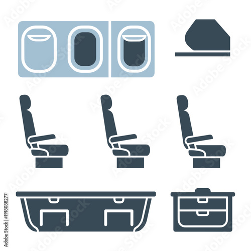 Set of Airplane Cabin Interior Elements including Seats and Storage Bins