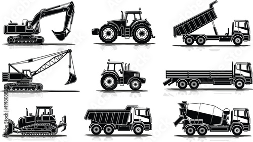 Heavy construction machinery and industrial vehicle silhouettes set including excavator tractor dump truck concrete mixer bulldozer