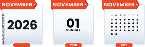 November 1 Sunday 2026 calendar icon set vector illustrator. Checklist day calender. Schedule date, appointment, month, week, agenda, Containing, organization and event Editable line icons.