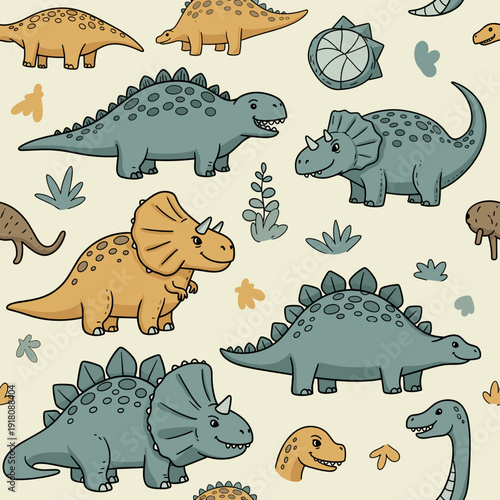 Seamless Pattern of Detailed Dinosaur Drawings on Beige Textured Background