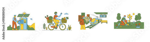 Flat Vector Sustainable Lifestyle Illustration Asset Sheet for Eco Friendly Living and Green Energy Projects