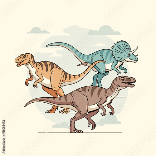 Dynamic Illustration of Three Dinosaurs Running in a Prehistoric World