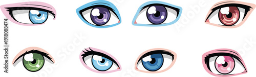 Colorful cartoon eye illustration set featuring anime style expressive eyes with different iris colors, lashes and shapes isolated on white background for character design