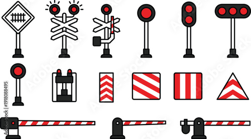 Collection of flat railway crossing icons including railroad signals, red warning lights, stop signs, barrier gates