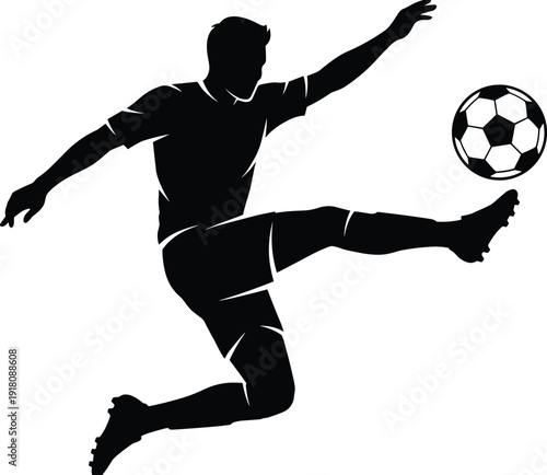 Black silhouette of a professional soccer player jumping to kick a football in mid-air, dynamic sports action vector illustration isolated on white background.