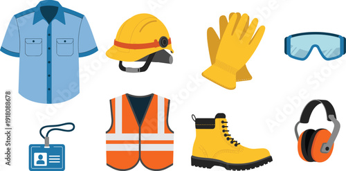 Essential personal protective equipment and construction safety gear including hard hat, gloves, goggles, earmuffs, safety vest, boots, and work shirt for workplace protection.