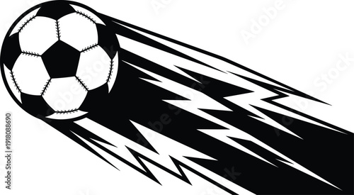 Black and white vector illustration of a soccer ball flying through the air with dynamic speed motion trails isolated on a white background.