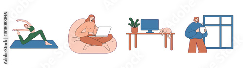 Minimalist Flat Vector Remote Work and Wellness Illustration Asset Sheet for Healthy Lifestyle Content