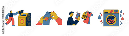 Flat Vector Sustainable Fashion and Circular Economy Graphic Set for Eco-Friendly Clothing Care and Recycling