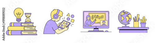 Flat Vector Distance Learning and Education Element Kit for Virtual Classroom and Homeschooling Theme