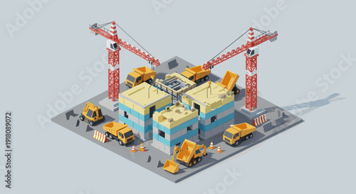 3D Model of Construction Site with Cranes.