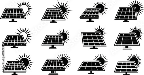Solar panels with sun icons in various positions on white background