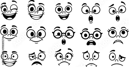 set of cartoon faces with different emotions and expressions on white background
