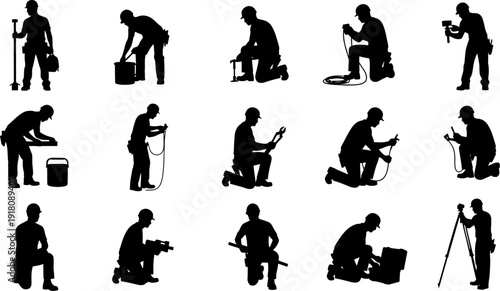 set of construction workers in various poses with tools on white background
