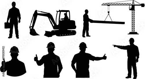 Silhouettes of construction workers and machinery on white background