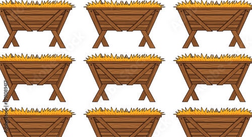 Collection of wooden hay manger vectors with golden straw isolated on white background for farm, stable, nativity, or livestock feeding equipment illustrations.