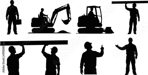 Silhouettes of construction workers and heavy machinery in various work settings