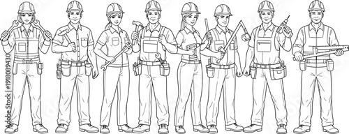 a group of construction workers holding various tools in their hands