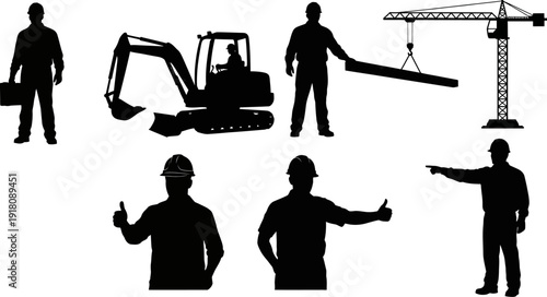 Silhouettes of construction workers and equipment on white background