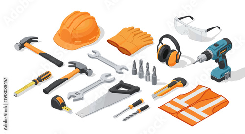 Assorted Construction Tools and Safety Equipment.