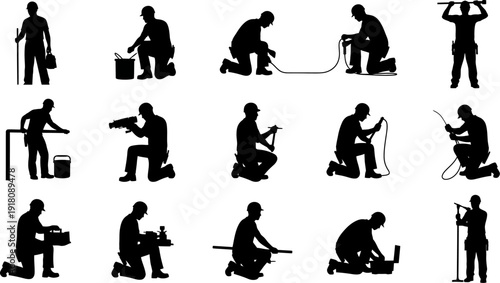 Silhouette of various construction workers performing different tasks and activities