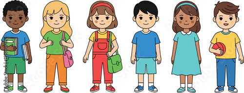 Collection of diverse elementary school children characters with backpacks and books isolated on white background for education student or back to school design.