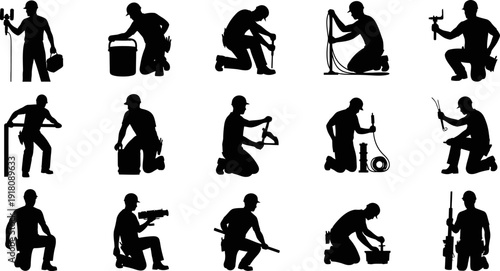 Silhouette illustrations of construction workers in various poses and actions with tools