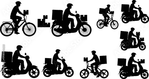 Silhouettes of delivery people riding bicycles and scooters with boxes on white background