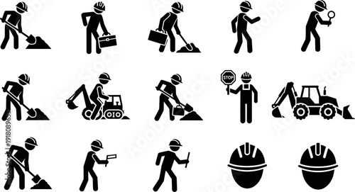 set of construction workers and equipment icons in black silhouette on white background
