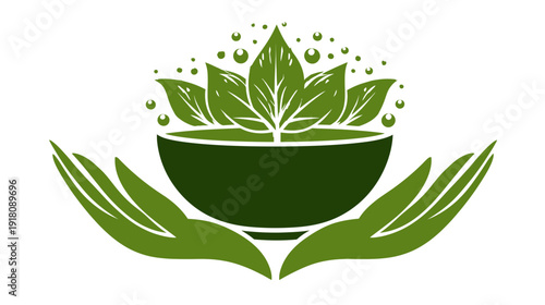 Hands cradling a bowl of green leaves with subtle bubbles, symbolizing natural health, wellness, herbal medicine, and organic care