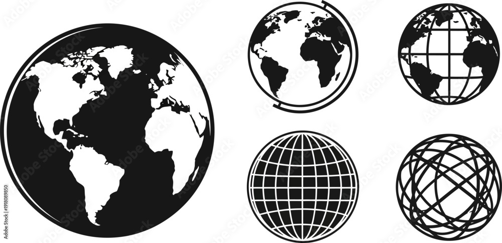 Obraz premium Black and white globe icons with different designs and grid patterns