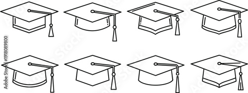 Minimalist Graduation Cap Icon Set, Black Line Art Academic Mortarboard Vector Illustrations, Student Achievement Symbols, Education Success Graphics, Shaded Graduation Hats