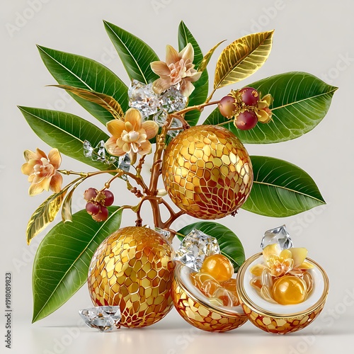 Elegant golden botanical fruit illustration with leaves high resolution picture