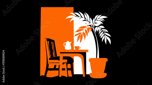 Minimalist graphic illustration: cozy orange and black patio or cafe setting with table, chair, potted palm, teapot, and cup.