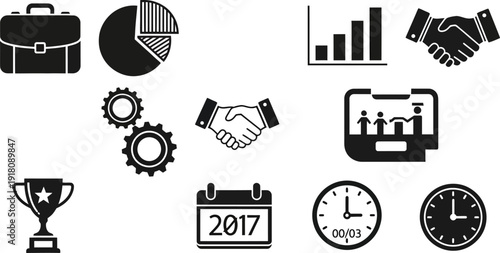 black and white business icons set including gears handshake calendar and clock