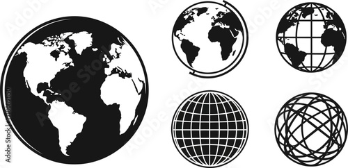 Black and white globe icons with different designs and grid patterns