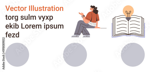 Education, creativity, brainstorming, learning, innovation, knowledge sharing. Woman seated with notebook, lightbulb over an open book. Creativity and brainstorming concepts