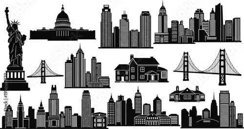 black and white city skylines and landmarks in America  urban silhouettes
