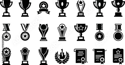 Collection of black and white award icons including trophies medals and certificates on a white background
