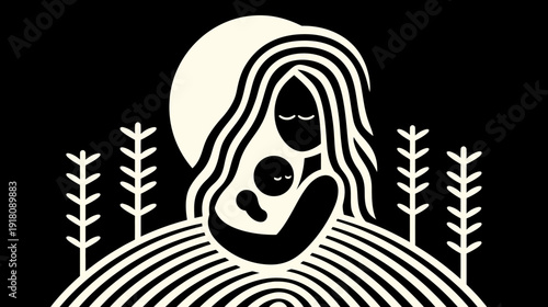 Minimalist graphic illustration of a nurturing mother holding her baby, silhouetted against a moon and abstract nature elements.