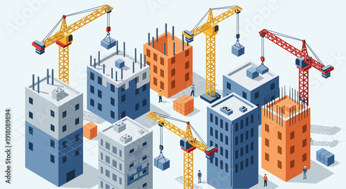 Construction Site with Cranes and Buildings.