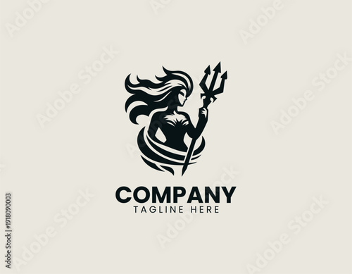 a stylish female warrior holding a trident with loose hair and a dynamic pose black vector logo illustration white background
