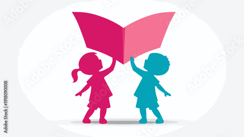 Kids silhouettes holding open book, symbolizing early childhood education, literacy, learning, and reading development.