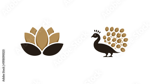 Stylized brown lotus flower and elegant peacock graphic illustration set. Earthy vector symbols for design elements.