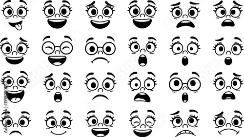 Collection of various cartoon faces with different emotions on white background