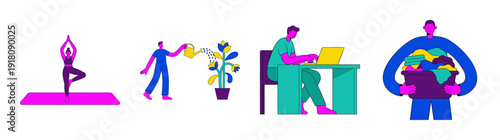 Flat Vector Lifestyle and Productivity Character Element Kit for Work-Life Balance and Home Wellness