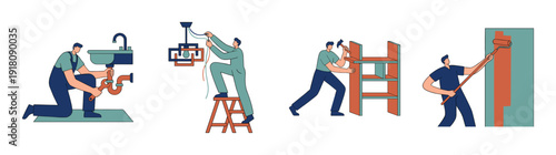 Flat Vector Home Improvement Professionals Asset Sheet for Residential Maintenance and Repair Services