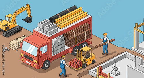 Construction Site with Workers and Heavy Machinery.