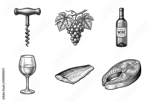 Vintage engraving style collection of wine and seafood illustrations featuring a corkscrew, grapes, bottle, glass, and fresh fish cuts.