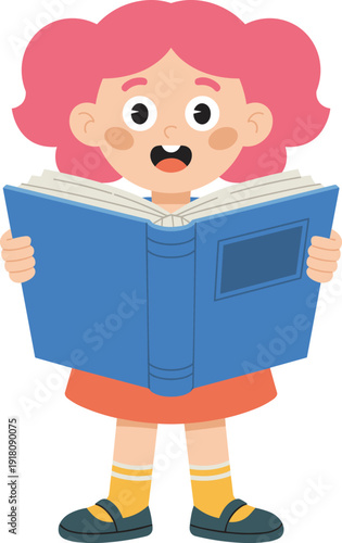 Cheerful little girl with pink hair holding an open blue book reading with an excited expression, flat vector illustration for children education and storytelling